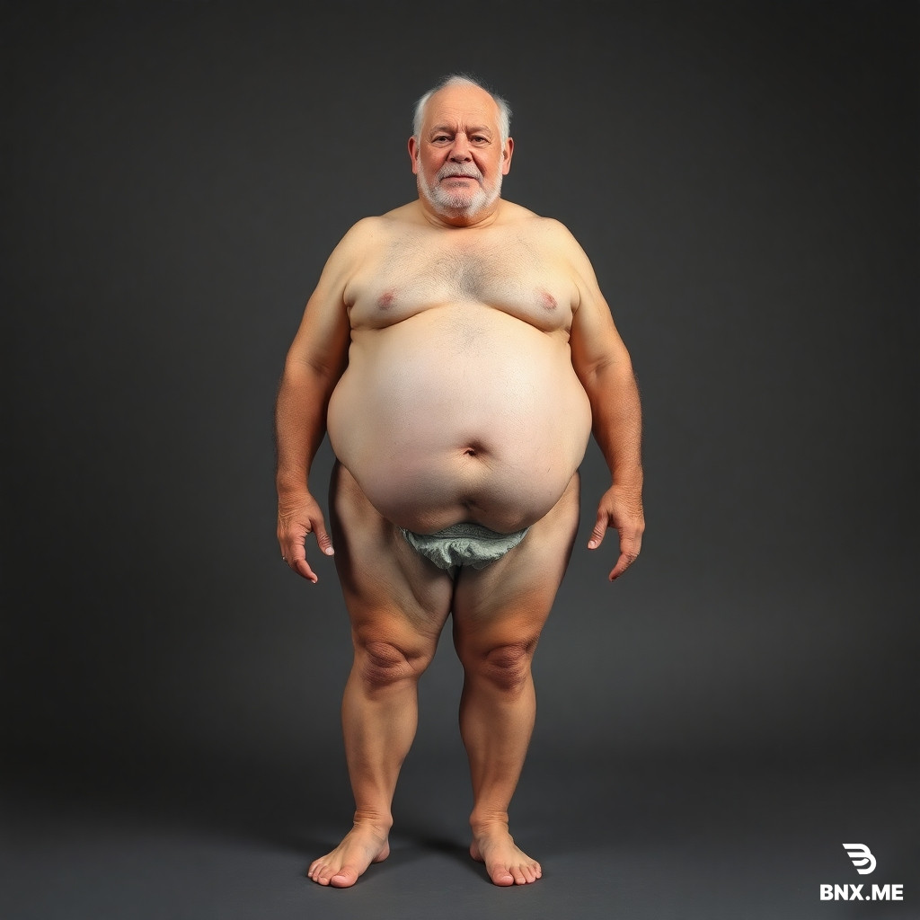 Show all the body from head to the footof the fat old man wearing nothing