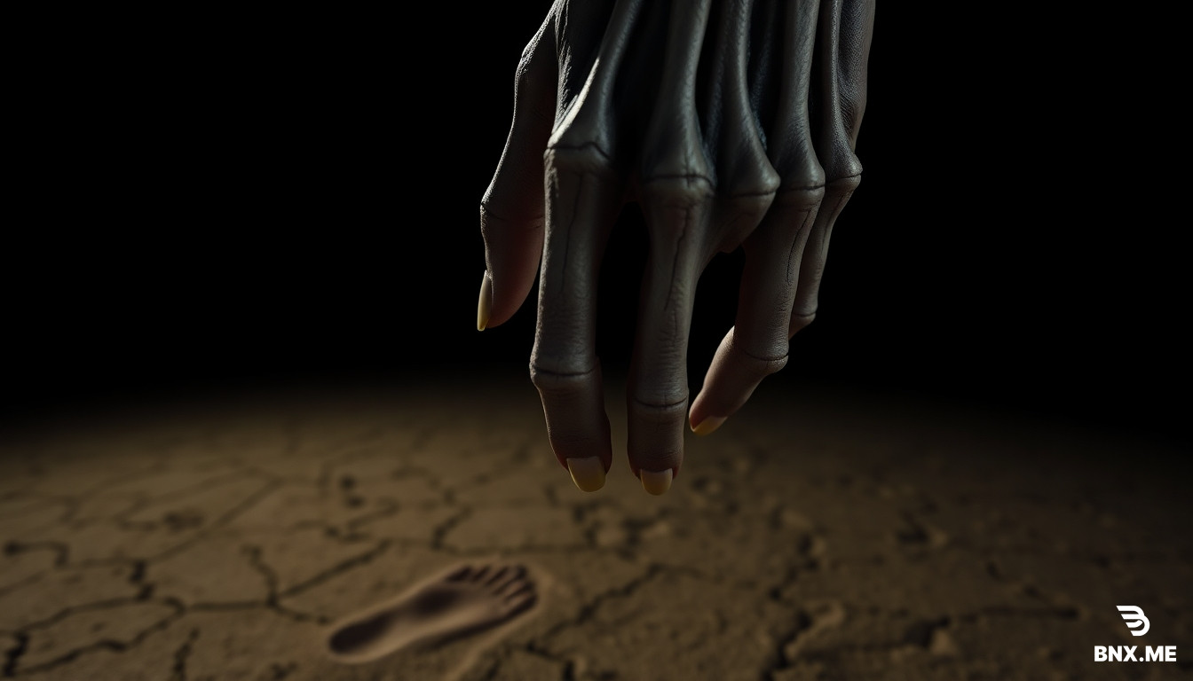 Photorealistic extreme close-up of EL SILBÓN's  right hand hanging at his side,  lit from above by cold moonlight.  The hand is skeletal —  paper-thin grey-brown skin stretched  over enlarged knuckle bones,  long yellowed cracked fingernails.  The hand is gently, slowly curling  one finger inward at a time —  as if counting.  Silently.  One.  Two.  Three.  The ground beneath the hand:  dry cracked earth.  A single human footprint in the dust  that is not his.  That belongs to whoever he found.  Extreme macro detail. Cold moonlight only.  Background pure black.  Photorealistic 8K.  The last image before the fade to black.