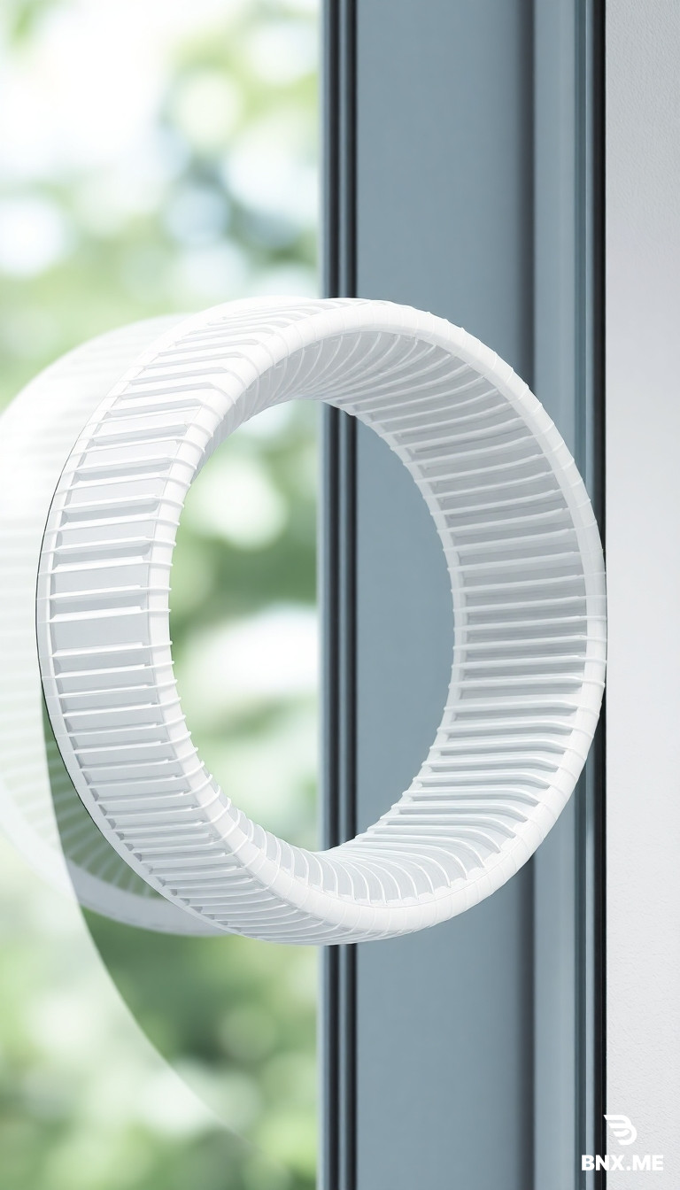 Spiral ventilation window with 3-turn polycarbonate duct (90→65mm tapered), dual-wall vacuum insulation (U<0.33), centrifugal dust traps at bends, silicone one-way flap (3–5 Pa activation), and tool-free detachable modules. Delivers 38 dB noise reduction, >80% particle removal >5µm, anti-condensation at -15°C. Mounts at corner, keeps glass clear. Cost-effective injection molding ($25–40/unit). Passive operation, seasonal adaptation. CAD drawings required: cross-sections, 3D assembly, and modular breakdown views.