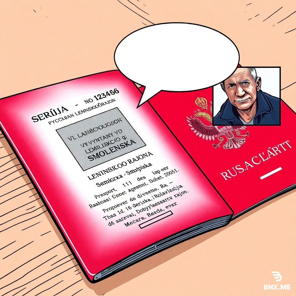 Colorful european comic book style, ligne claire, clear black ink outlines, flat colors, no shading. Close-up of an open red Russian passport on a wooden table. Inside: black-and-white photo of elderly man, text "SERIJA 1111 No 123456", "VYDAN OVD LENINSKOGO RAJONA g. SMOLENSKA", "PROPISKA: d. 16 derevnja Dobybki, Roslavlskij rajon". Next to passport: a small color portrait of the same elderly man (Sidorov, dark blue jacket, gray hair, wrinkles). One empty white speech bubble with black outline, completely empty. Background light beige. No text inside bubble.