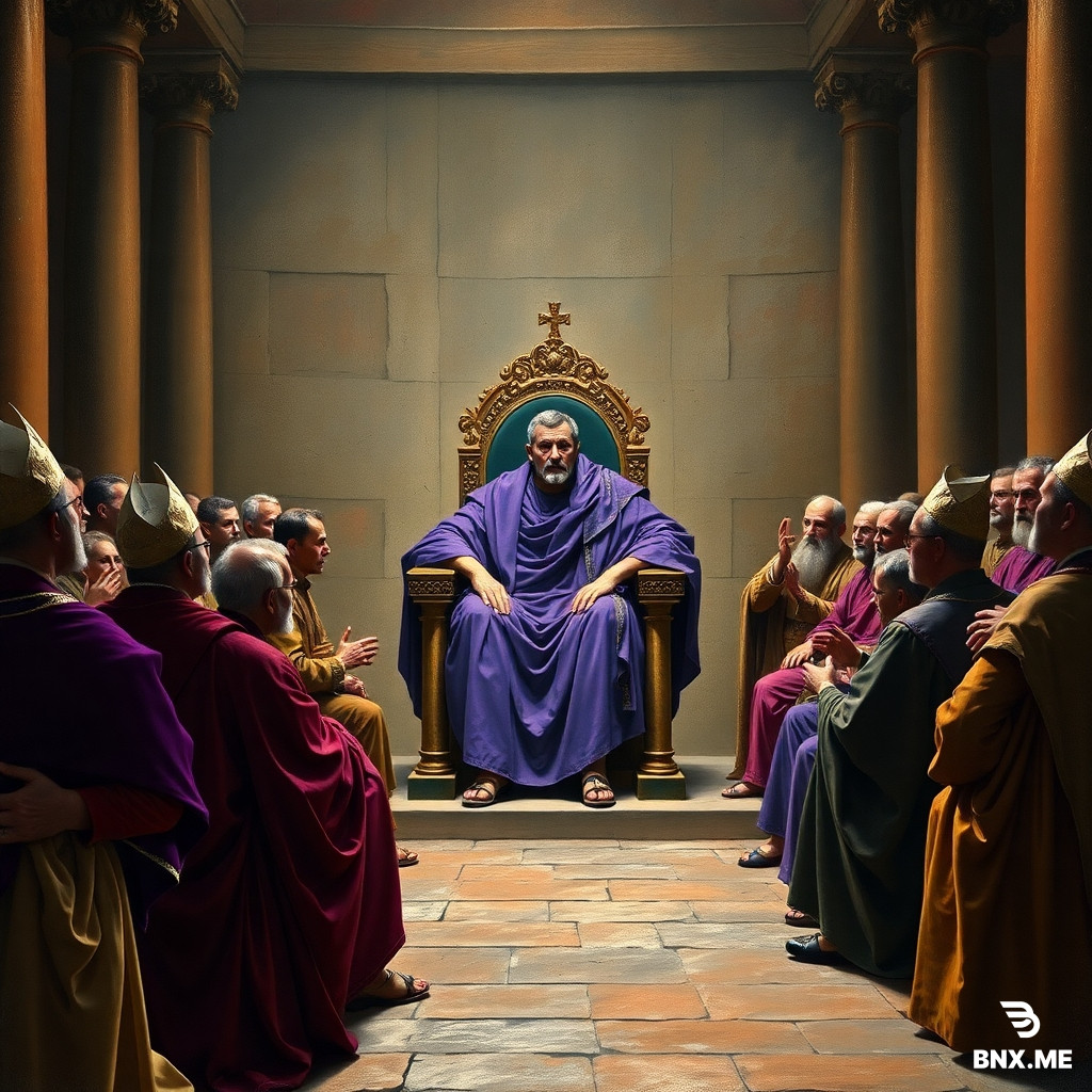A grand historical painting style. Roman Emperor Constantine in purple robes, seated on a throne, presiding over a gathering of bishops in an ancient hall. Bishops arguing. Constantine looks powerful and political, not holy. Dramatic lighting.