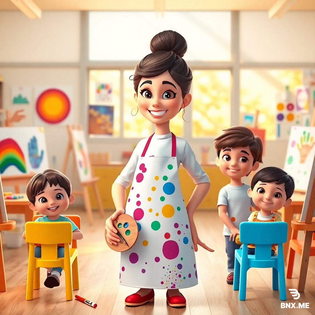 A lively Pixar-style 3D animated classroom portrait, the EXACT same woman from the reference photo with identical facial features, unchanged face, wearing a white shirt covered by a colorful paint-splattered art apron. Her hair is tied into a round "tomato" top-knot bun on top, with two small curly wispy strands falling from her temples down to just below her chin. She is standing confidently behind 6-7 young children (aged 6-7 years old) who are sitting neatly on small colorful chairs in two rows, all looking forward with big happy smiles and sparkling eyes. The woman holds a paintbrush in one hand and a wooden palette with colorful paint dabs in the other, posing warmly. The classroom background is filled with visible signs of creativity: easels with half-finished rainbow paintings, crayons and color pencils scattered on tables, colorful paper cutouts and handprint artworks pinned on the wall. Warm golden sunlight streams through large windows, illuminating everyone's joyful faces. Dynamic profile-picture composition, waist-up shot of the group, cute chibi-inspired expressions, soft pastel and vibrant color balance, highly detailed, 8k, --ar 1:1 --iw 2.0 --style raw --v 6.0