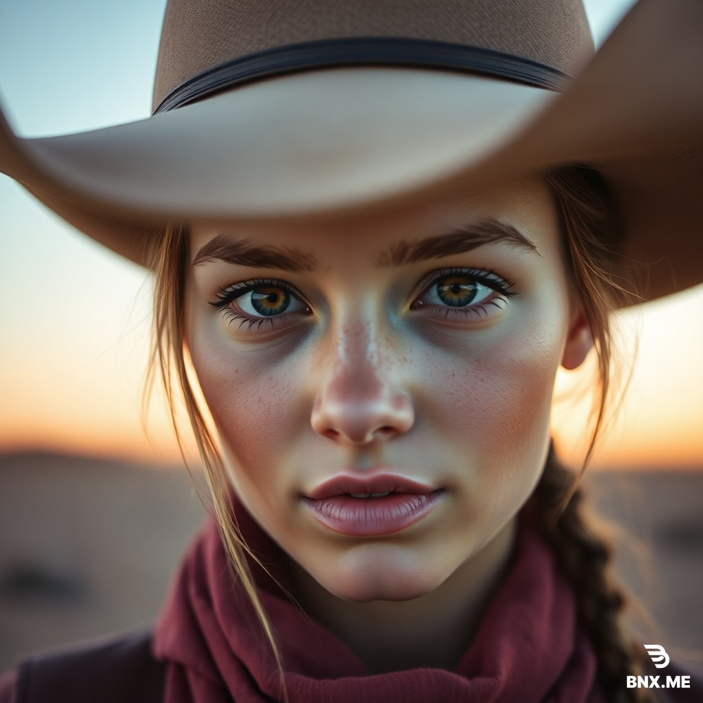 hyperrealistic close-up portrait, young female cowboy, direct gaze into camera, weathered wide-brim hat casting soft shadow across face, starry desert sky faintly visible behind her, dusty rose and burnt orange sunset color grading, warm pink-orange rim light on face contrasting cool blue shadows in the skin tones, freckled skin with natural texture, windswept hair catching the light, cinematic film photography, shot on 35mm, sharp focus on eyes, subtle film grain, --ar 1:1 --v 6