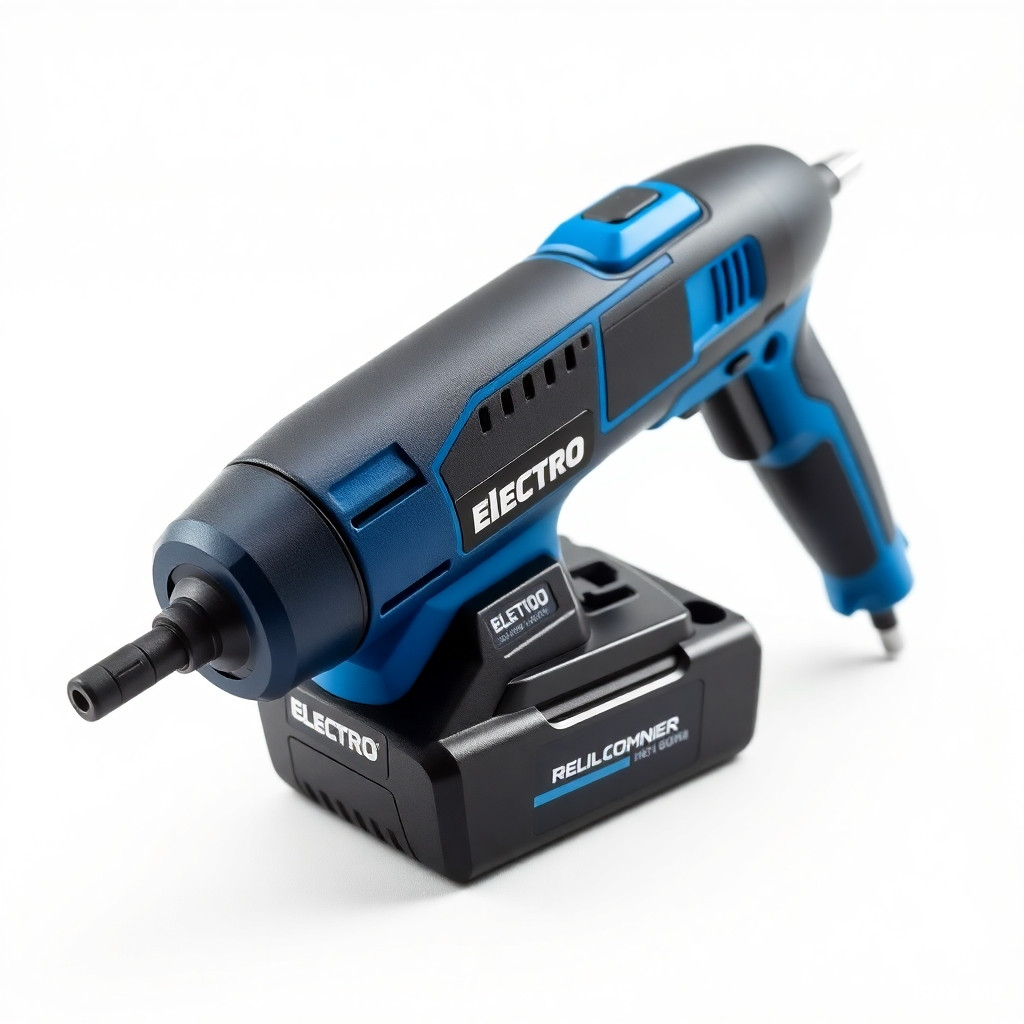 Professional product photography of a cordless electric screwdriver, blue and black color scheme, with a prominent sticker that reads "ELECTRO" on the body, studio lighting, isolated on a clean white background, high detail, sharp focus, commercial catalog style, 8K resolution, no shadows