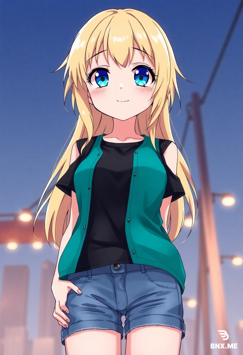 image of a smiling solo and standing anime girl (20 years old) with her blonde hair and blue eyes, she wears a black t-shirt with a sleeveless teal open vest, then she wears a blue denim shorts, pov, low-angle view,,