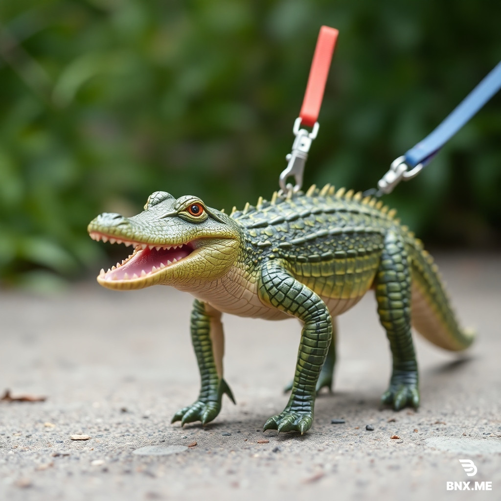 crocodile pet on a leash