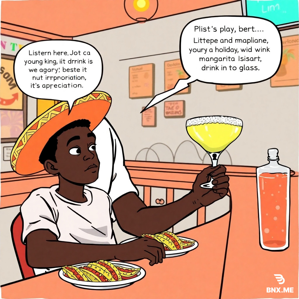 A young Black man, looking overwhelmed, is sitting at a taco bar. He has a sombrero tilted on his head and a plate of tacos. Standing over him, offering him a giant, salt-rimmed margarita glass is his "play uncle," whispering words of wisdom. The uncle's speech bubble reads: "Listen here, young king... when Black folks claim a holiday, we drink for free. It's not appropriation, it's appreciation."