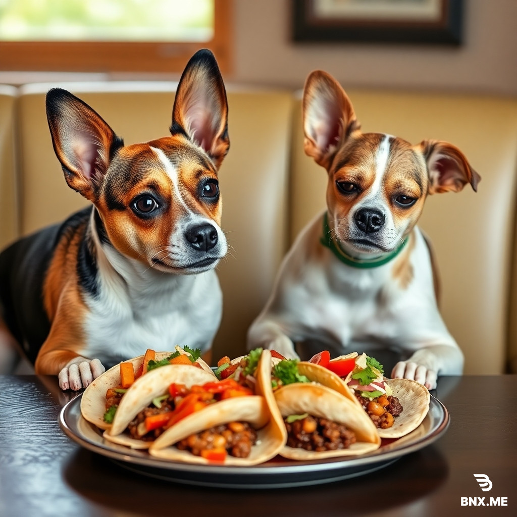 a jack russell terriera jack russel terrier and a maletese dog looking at a platter of tacos