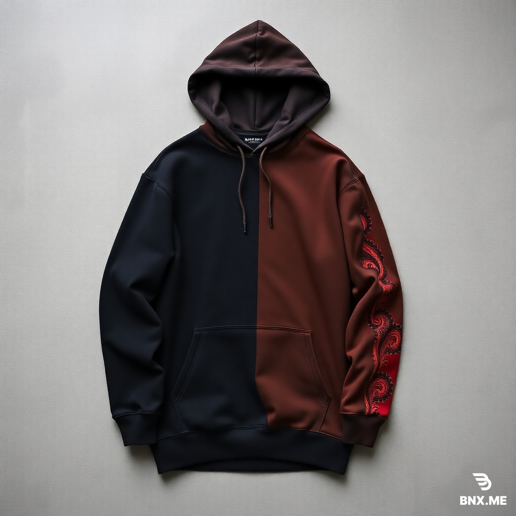 "High-quality studio product shot of a heavyweight, oversized streetwear hoodie laid flat on a neutral grey concrete background. The hoodie features an asymmetrical, vertical color-blocked design: the left side and most of the front are deep matte black, while a contrasting vertical panel on the right side and the right sleeve are a rich chocolate brown. A key detail is a long vertical slit or distressed 'tear' on the outer forearm of the brown sleeve, revealing a secondary inner layer of bright red fabric with an intricate black graphic or paisley-style print. The hoodie has a large front kangaroo pocket, dropped shoulders, and a thick, structured double-layered hood without drawstrings."