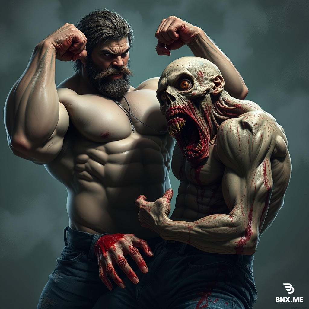 big ass dude thats super jacked, no top and is flexing biceps, then a zombie biting his leg and blood is gushing