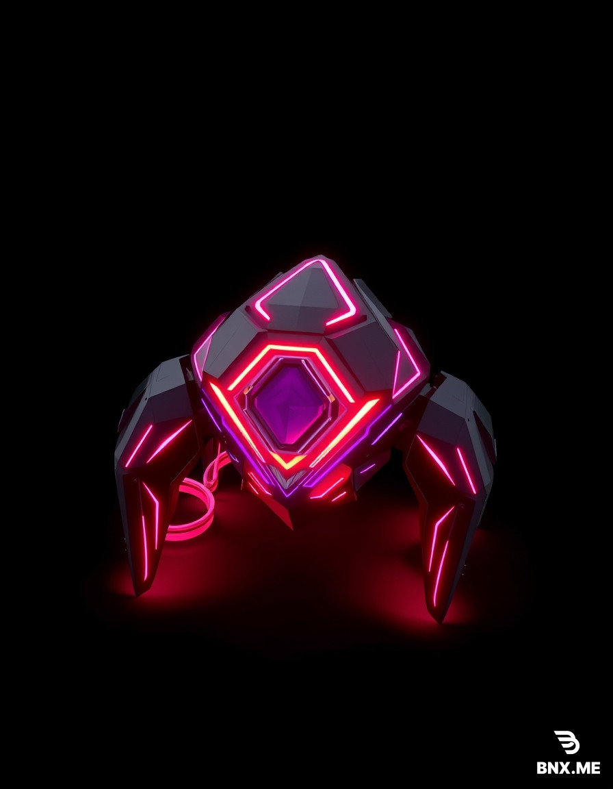 Style: TRON Legacy-inspired, cyberpunk, digital circuitry, low-poly stylized, emissive neon lines, sharp geometric shapes, black base material with glowing cyan and purple energy accents, no organic shapes, no photorealism, clean topology, game-ready asset, T-pose or neutral pose, isolated on pure black background, transparent PNG for 2D, PBR-friendly for 3D. 3D game enemy, small fast cyber creature, diamond-shaped crystal core with four needle-like legs, two spinning ring wings around it, sharp geometric, red glowing emissive body (#ff2d55) with darker metallic interior, low-poly, 200 triangles, isolated, transparent background, game-ready. [Universal 3D suffix]