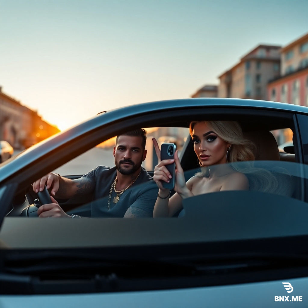 A luxury latest-model BMW, parked on a stylish city street at sunset. Inside the car, a muscular, heavily tattooed, cocky Turkish man with a gold chain and slicked-back hair is sitting in the driver's seat. Next to him, a platinum blonde woman with overfilled lip fillers, exaggerated breast implants, heavy makeup, and fake eyelashes is taking a selfie with her phone, holding a peace sign. The interior of the BMW has leather seats and ambient lighting. Photorealistic style, high detail, cinematic lighting, 8k