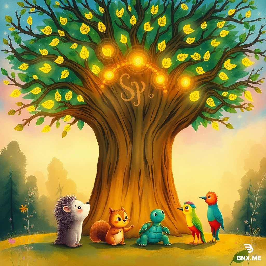 A giant magical tree with glowing rings and leaves floating with tiny words, four cute forest friends (hedgehog, squirrel, turtle, rainbow bird) sitting under the tree looking up. Warm sunset tones, watercolor storybook style, gentle humor, childlike wonder