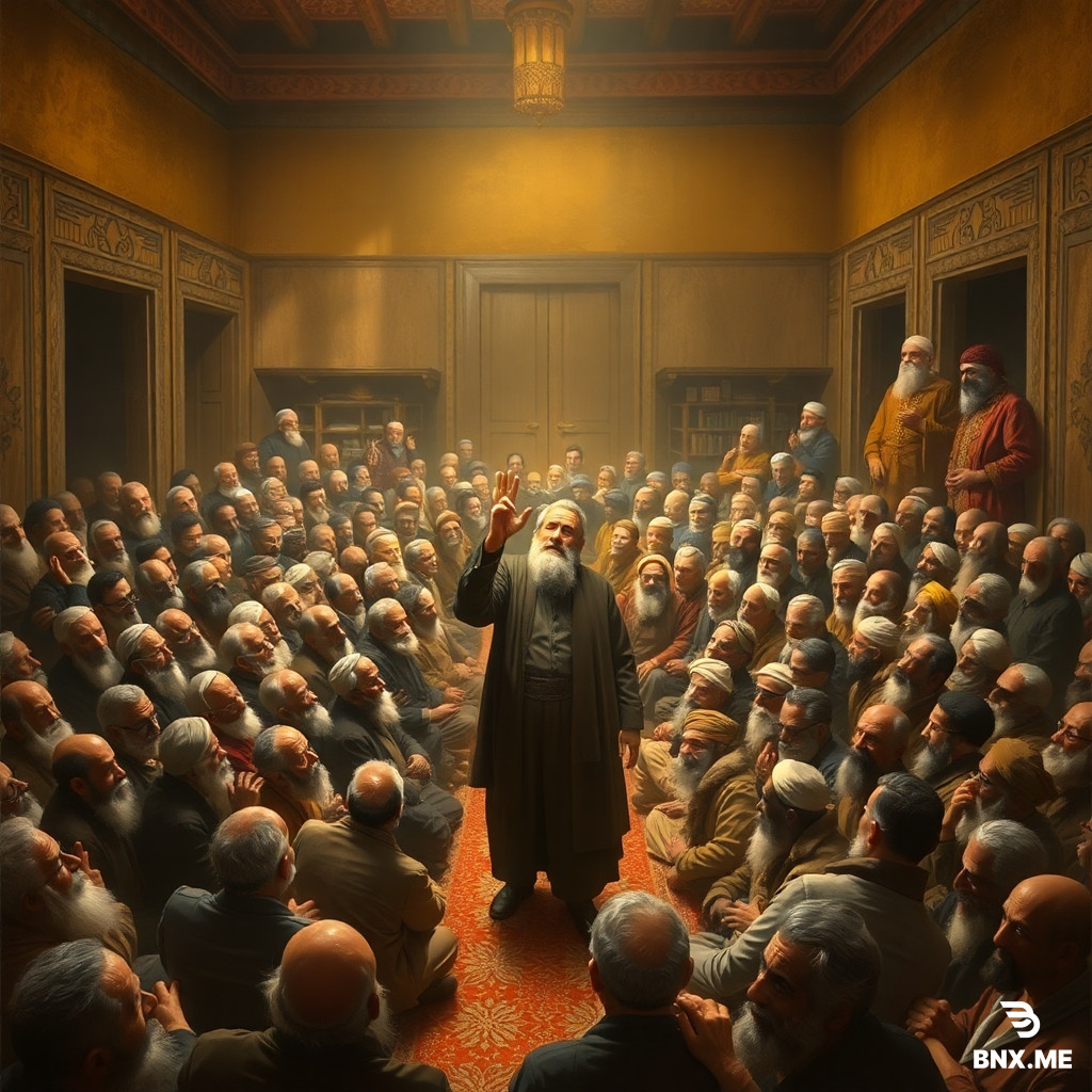 "Large-scale dramatic interior scene in the style of Hassan Ruholamin, blending classical European painting with Persian miniature aesthetics. A traditional Persian house with two interconnected rooms, packed entirely with dozens of elderly men and gray-bearded elders—some seated on carpets and cushions, others standing shoulder to shoulder, filling every inch of the space. At the center, Solayman Bastad stands among the crowd and speaks passionately with one hand raised, his weathered face illuminated as the focal point. The crowd shows a range of reactions—some listening intently, some whispering to each other, some frowning in disagreement, others with eyes closed in contemplation. All the elderly men should look different from each other, each with their own unique face, beard, clothing, and posture. Warm earth tones—ochre, terracotta, gold—with dramatic chiaroscuro lighting from above casting deep shadows. Crowded, tense, historically weighty atmosphere. Digital painting, oil texture,