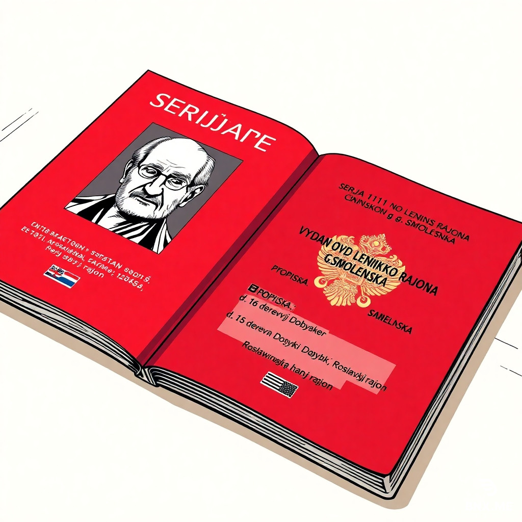 Colorful european comic book style, ligne claire, clear black ink outlines, flat colors, no shading. Extreme close-up of an open red Russian passport lying on a wooden table. The left page shows a black-and-white photo of an elderly man. Visible text: "SERIJA 1111 No 123456", "VYDAN OVD LENINSKOGO RAJONA g. SMOLENSKA", "PROPISKA: d. 16 derevnja Dobybki, Roslavlskij rajon". No people. No speech bubbles. No empty circles. Background light beige.