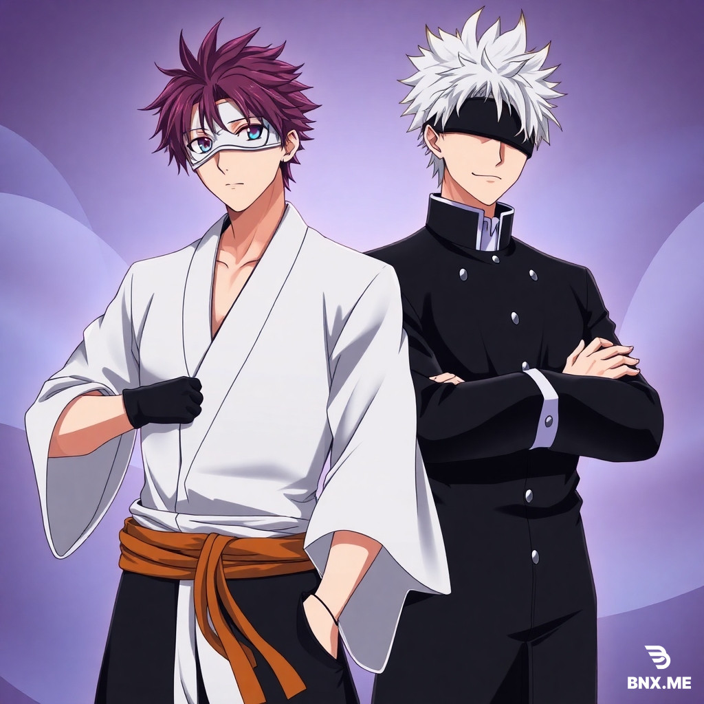 Satoru Gojo from Jujutsu Kaisen wearing Aizen Sosuke's white captain haori and black uniform from Bleach, with Aizen's brown sash and gloves, Gojo's white hair and blindfold not removed, hiding his six eyes, standing confidently, anime style, detailed clothing swap, dynamic pose, high quality, full body, vibrant colors, manga aesthetic, epic atmosphere. Aizen Sosuke from Bleach wearing Satoru Gojo's black high-collared uniform and blindfold, with Aizen's brown hair styled like himself smirking confidently, anime art style, outfit swap, detailed shading, full body portrait, cinematic lighting, 4k quality, fan art style.Satoru Gojo and Aizen Sosuke standing next to next, Gojo wearing Aizen's white captain coat, Aizen wearing Gojo's black blindfold uniform, both anime characters, outfit exchange, epic battle-freindly pose, vibrant anime colors, aizensglasses on his eyes