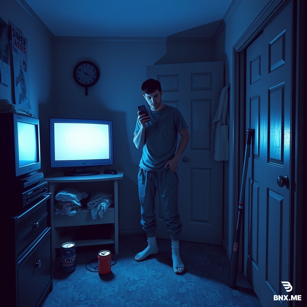 Night, 8:03 PM, Day 0. A small, lived-in 7th-floor apartment in a 10-floor urban building. Cold blue monitor glow, old carpet, energy drink can, unfolded laundry. Protagonist wears a t-shirt, sweatpants, and socks, no shoes. Phone, charger, keys, wallet. Optional metal bat leaning by the closet. Mood: tense, quiet, survival-thriller. No explicit gore, no visible attackers, no blood.