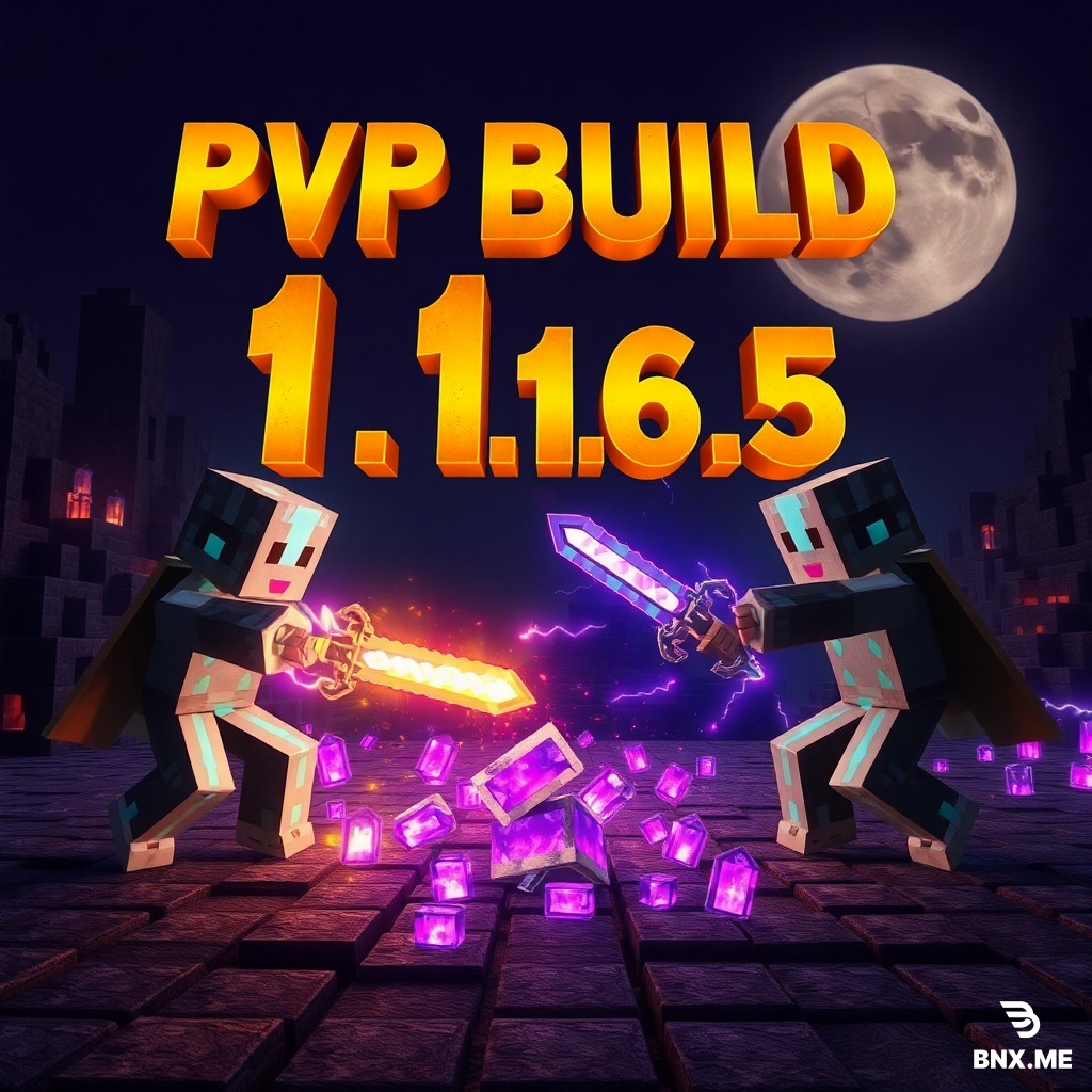 Epic cinematic product cover art in 4:3 aspect ratio for selling a Minecraft PvP modpack build version 1.16.5 Fabric. Scene looks exactly like the original Minecraft game style — two fully armored diamond players with glowing enchanted swords and shields engaged in an intense battle on a Nether PvP arena. End crystals exploding with purple fire sparks, lightning bolts, and ender particles flying everywhere. Background features iconic Minecraft Nether scenery: basalt pillars, lava lakes, floating islands, and dark sky with a large moon. Top of the image has bold Minecraft-style text "PVP BUILD 1.16.5" in 3D golden enchanted letters with glow and shadow effects, looking like official Minecraft menu font. Hyper-realistic 3D render style, official Minecraft game trailer aesthetic, blocky textures with realistic lighting, dynamic action composition, dramatic shadows and highlights, motion blur effect for speed, depth of field, epic battle atmosphere, vibrant and saturated colors, 4:3 vertical aspect ratio, 8k resolution, professional gaming product thumbnail, clean and sharp edges, no blur, e-commerce ready.