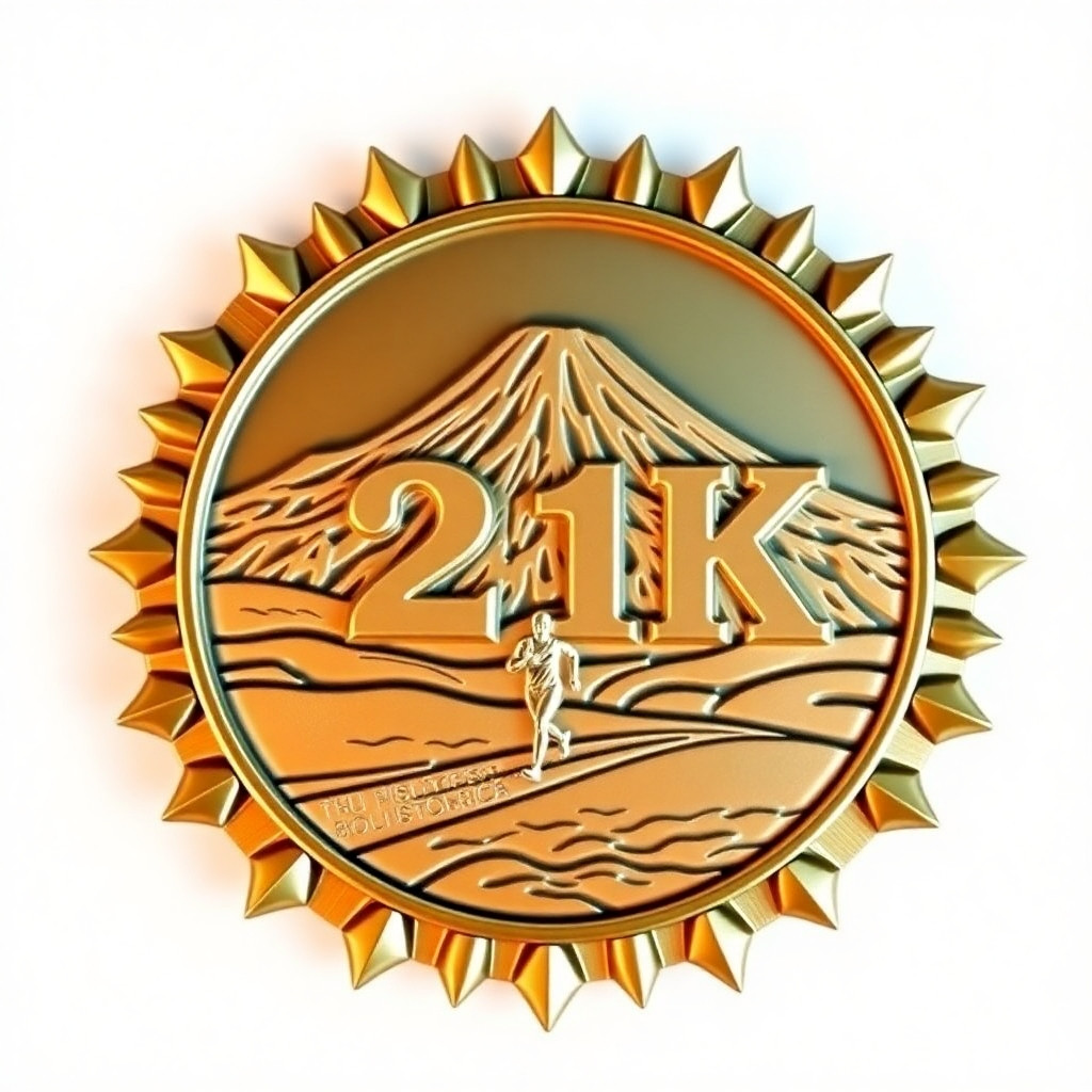 Diseña una medalla conmemorativa de 21 kilómetros inspirada en Bolivia y La Paz. La medalla debe tener forma de sol radiante, con picos solares alrededor del borde, estilo robusto y ceremonial. En el fondo debe aparecer el Illimani de forma majestuosa, nevado y claramente reconocible, ocupando la parte superior y central del diseño. En primer plano, coloca una persona corriendo al frente del texto “21K”, con postura dinámica de carrera, mostrando movimiento, esfuerzo y energía. El “21K” debe estar en el centro exacto, grande, limpio y muy legible, como parte principal de la composición. Alrededor, integra una escena simbólica de un águila y un puma enfrentándose, con apariencia de relieve escultórico. Usa acabados metálicos premium, con detalles en bronce, dorado envejecido y toques de plata, con alto relieve, sombras profundas y textura fina. La composición debe verse elegante, poderosa y simbólica, como una medalla oficial de carrera de fondo. Fondo neutro para presentación, iluminación cinematográfica suave, vista frontal ligeramente inclinada para mostrar volumen. Formato cuadrado, alta resolución, estilo realista y de producto.