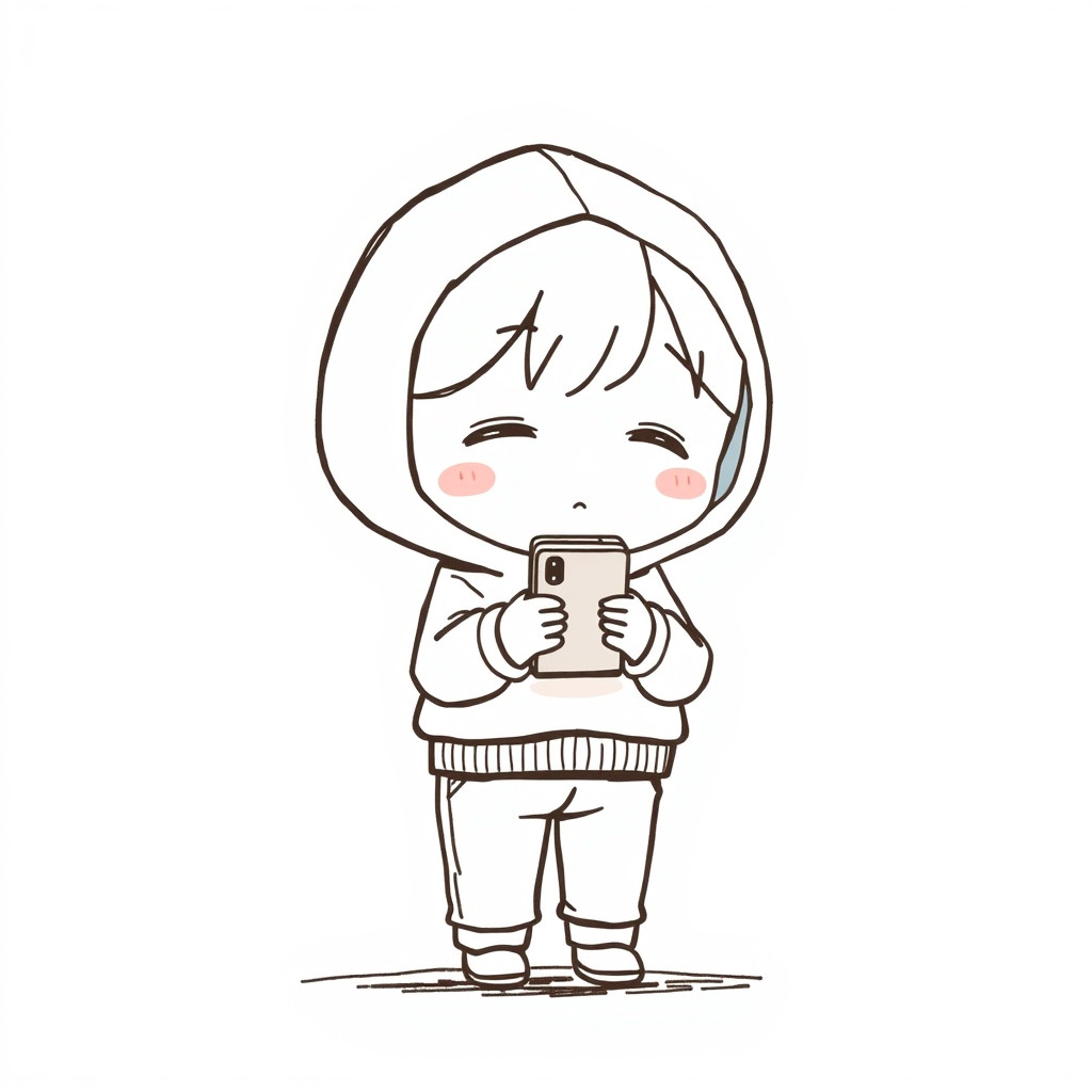 Minimalist hand-drawn doodle chibi character in the authentic art style of the indie game LoveChoice (拣爱), thick crayon and felt-tip marker sketch outlines, cute vertical pill eyes (| |), soft pink cheek blush, wearing a simple light blue hoodie and grey pants. The cute character is standing and holding a small smartphone with both hands, looking down thoughtfully with a quiet longing expression. Pure solid white background, abundant negative space, clean silhouette, cute and heartwarming, absolutely NO red hearts, NO background rooms, NO furniture, single centered character --ar 1:1 --stylize 50 --v 6.1