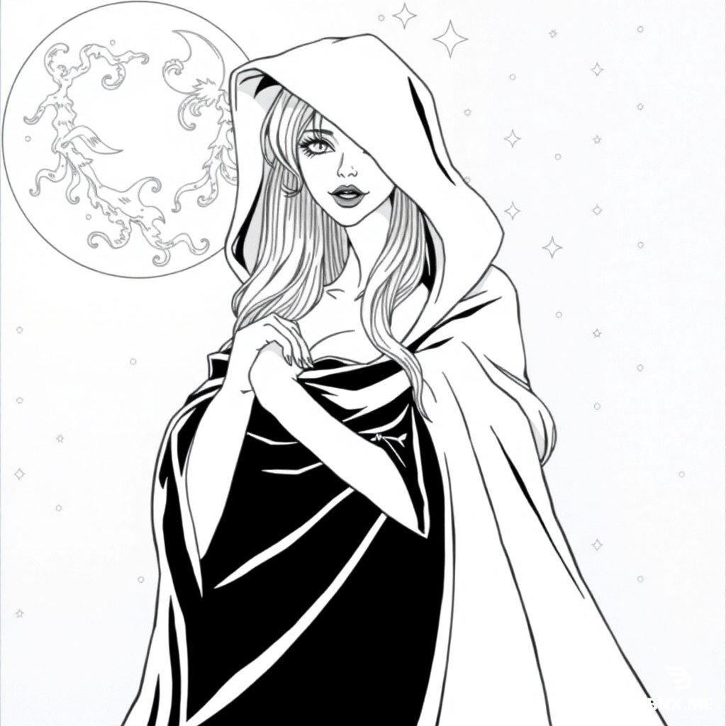 A mesmerizing female vampire stands gracefully in a hooded cloak beneath a starlit sky, clean line art, coloring book page, clear intricate details, ethereal beauty, high detail, photo (medium).