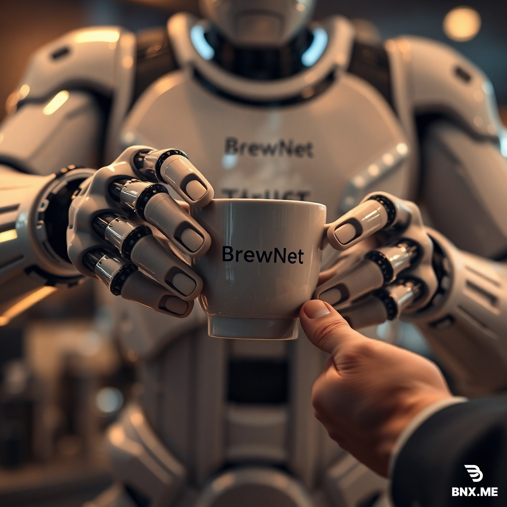 A cinematic, hyper-detailed poster of a futuristic robot barista handing a steaming ceramic cup of coffee to a human customer — extreme close-up on both sets of hands and fingers, showing mechanical articulation and soft, realistic human skin. The robot has a small logo on its chest that reads “BrewNet” in clean sans-serif, warm cinematic rim lighting, shallow depth of field, 8k detail, photorealistic, subtle film grain. Emphasize realistic fingers and correct anatomy, no extra or missing digits, no floating limbs. Include a faint cityscape bokeh in the background.