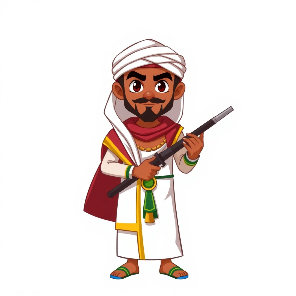Generate a 2D cartoon character in PNG format with transparent background: - A Sa'idi man from Upper Egypt - Wearing traditional white galabeya and turban (imma) - Holding a RBG weapon - Full body view, facing front - Vibrant colors, detailed Egyptian features - Suitable for a mobile game - Size: 256x256 pixels or larger