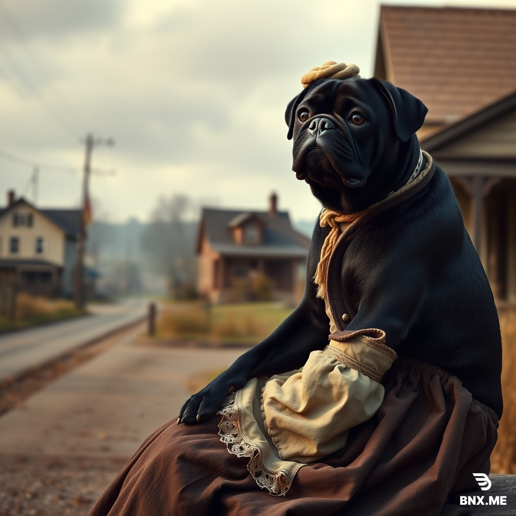 a blck pug. female, sitting down, with a ress inspired by a rich merchant in minnesota in 1800 with a backdrop of a road in a small town in minnesota in 1800