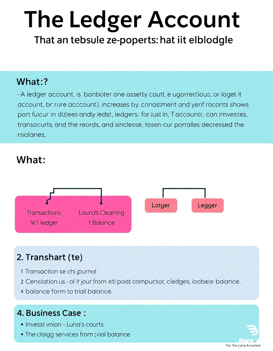 Create an A3 portrait educational poster on The Ledger Account for a high school accounting class. Use a professional colour scheme Background off‑white. Organise content top to bottom.Include the following exact text: 1. Title: The Ledger Account: The Backbone of Financial Records  2. What: A ledger account is a complete record of changes to one asset, liability, equity, revenue, or expense. It groups transactions by account type and shows increases, decreases, and the current balance. Why: Business owners use ledger accounts to monitor cash flow and verify records. Investors use them to confirm reported profits. Without ledgers, a business cannot produce a trial balance or detect errors. How: Each ledger account uses a T‑account format: debits on the left, credits on the right. Transactions post from the journal to the ledger. After posting, the balance updates. All ledger balances form the trial balance. 3. Flowchart (visual): Transaction → Journal → Ledger → Balance → Trial Balance. Draw with arrows. 4. Business Case – Luna’s Cleaning Services : Transaction 1: Invest $5,000 cash → Debit Cash $5,000, Credit Capital $5,000 Transaction 2: Buy equipment $1,200 cash → Debit Equipment $1,200, Credit Cash $1,200 Transaction 3: Pay rent $800 → Debit Rent Expense $800, Credit Cash $800 Transaction 4: Earn $950 cleaning fees cash → Debit Cash $950, Credit Revenue $950 5. T‑account(obvious t shae draw clearly)( numbers  arranged vertically)  : Left side (Debit): $5,000 $950  $5,950 Right side (Credit): $1,200  $800  $2,000 Bottom middle (Ending balance): $3,950 Debit (shown below the T‑account) Layout requirements: Bold title at top. Five sections clearly separated. T‑account and flowchart must be visual. Text must be readable at A3 print size. Generate a single poster image.