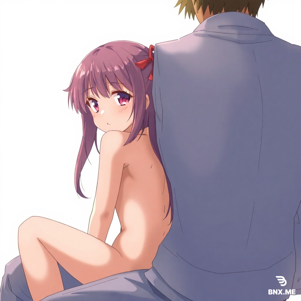 An exposed body with no anything else anime girl sitting on a dude’s lap