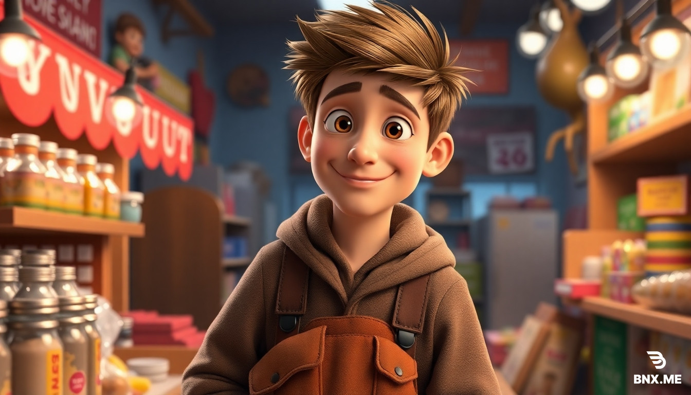 Создай концепт-арт молодого парня 22–25 лет для мультфильма в стиле Pixar. Он продавец освещения в небольшом семейном магазине. У него доброе, открытое лицо с лёгкой улыбкой, в глазах — искренний интерес к людям. На нём удобная рабочая одежда: тёмно-синяя рубашка с закатанными рукавами, поверх — практичный фартук с карманами, где лежат образцы лампочек и маленькие инструменты. В руках он держит стильный настольный светильник, будто хочет показать его покупателю. Вокруг — уютный магазинчик: полки с лампами, абажурами и гирляндами, мягкий тёплый свет, на полу — аккуратные коробки. Атмосфера дружелюбная и домашняя, будто в этом магазине всегда рады каждому гостю. Стиль Pixar: плавные формы, выразительная мимика, насыщенные, но естественные цвета, кинематографичное освещение, высокая детализация текстуры ткани, дерева, стекла. Соотношение сторон 16:9