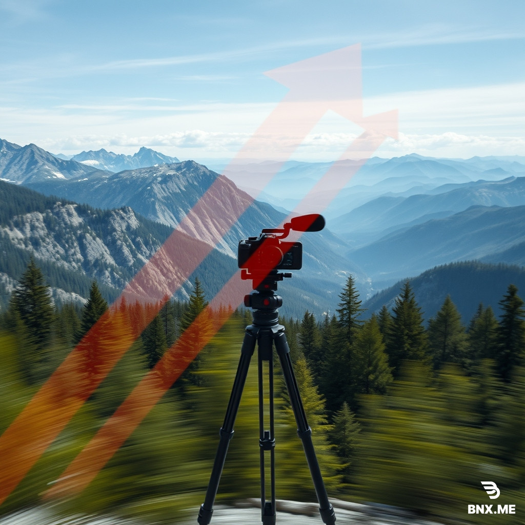 Cinematic film still, camera mounted on a tripod panning horizontally across a vast mountain landscape, strong horizontal motion blur on the foreground trees, sweeping directional arrows overlaid on the image, photorealistic, wide dynamic range.