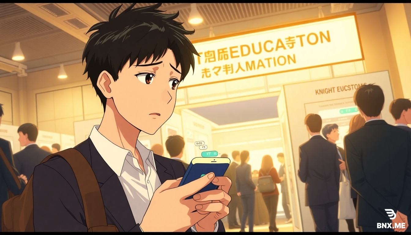 anime cinematic illustration, Makoto Shinkai style, crowded university job fair hall, a booth with banner text saying KNIGHT EDUCATION, a young man looking at his phone with chat messages on screen showing letters F and G, disappointed expression, other students in suits walking around, bright indoor lighting, widescreen 16:9 composition