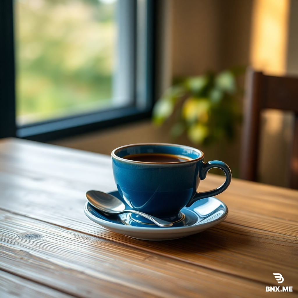 A blue ceramic coffee cup on a wooden table, with a silver spoon next to it, warm morning light from a window, high resolution photography, 4K --seed 42