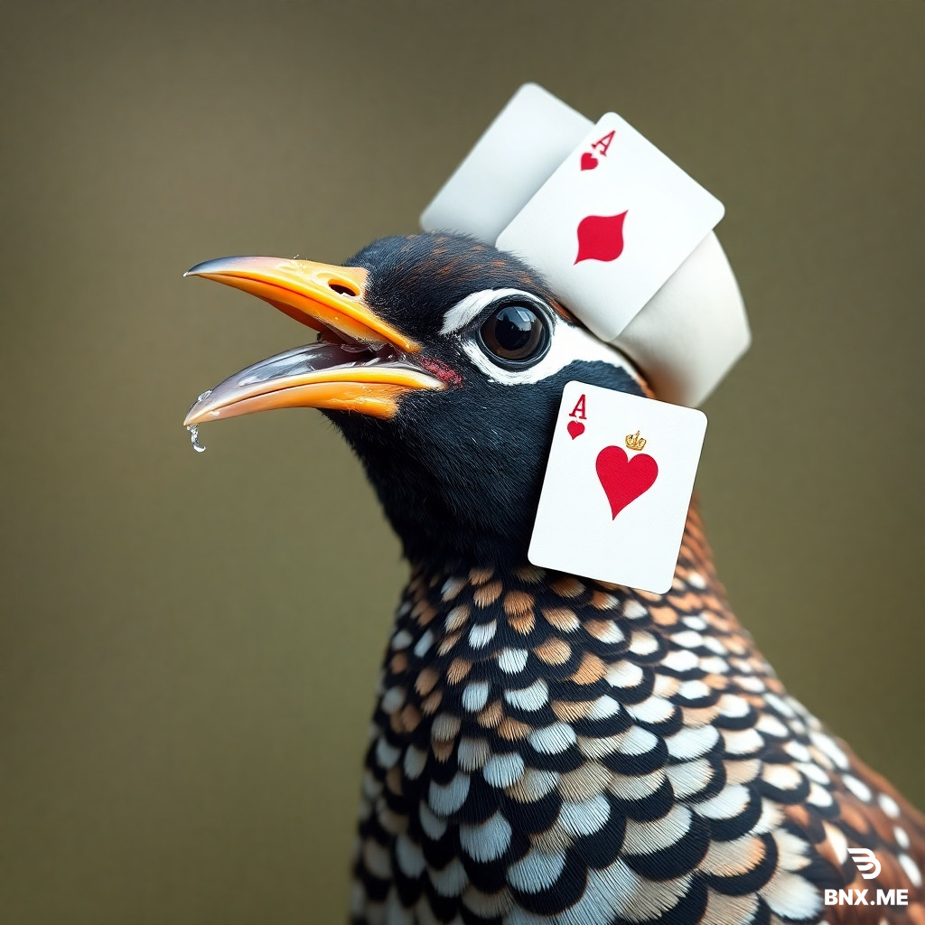 a partridge wearing a bonnet with an ace of diamonds in its beak