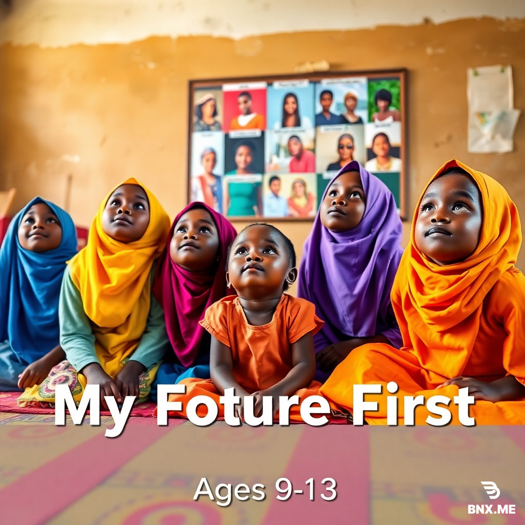 A group of 4 young Nigerian girls aged 9-12 looking up with wide, hopeful eyes, dreaming about their futures. They are sitting on colourful mats on the floor of a community centre. Around them are pictures of different careers (doctor, teacher, businesswoman, farmer) displayed on a board. They are wearing bright, colourful hijabs and dresses. Inspiring, hopeful, empowering atmosphere. Golden lighting. Photorealistic. Title Text to Add: "My Future First (Ages 9-13) - Cover Image"