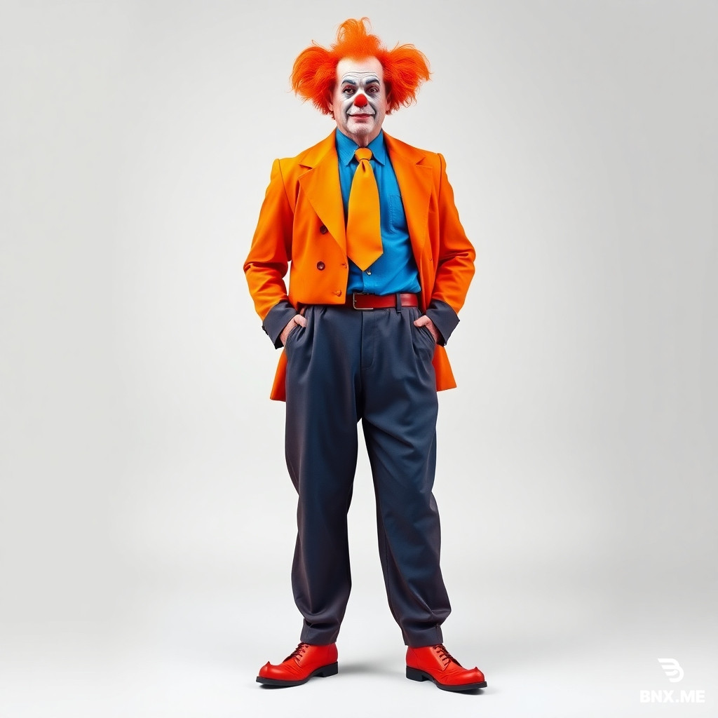 A full-body portrait of a person wearing a whimsical clown costume. The costume consists of: baggy blue jodhpur pants that are wide at the hips and tight at the calves, a blue dress shirt, a bright orange necktie, an orange jacket with extremely wide and exaggerated shoulder pads, and orange Cossack-style leather boots with pointed toes. The person is standing in a confident pose against a simple studio background. Vibrant circus colors, soft diffused lighting, high detail on fabric textures. Realistic digital art style, 8k resolution.