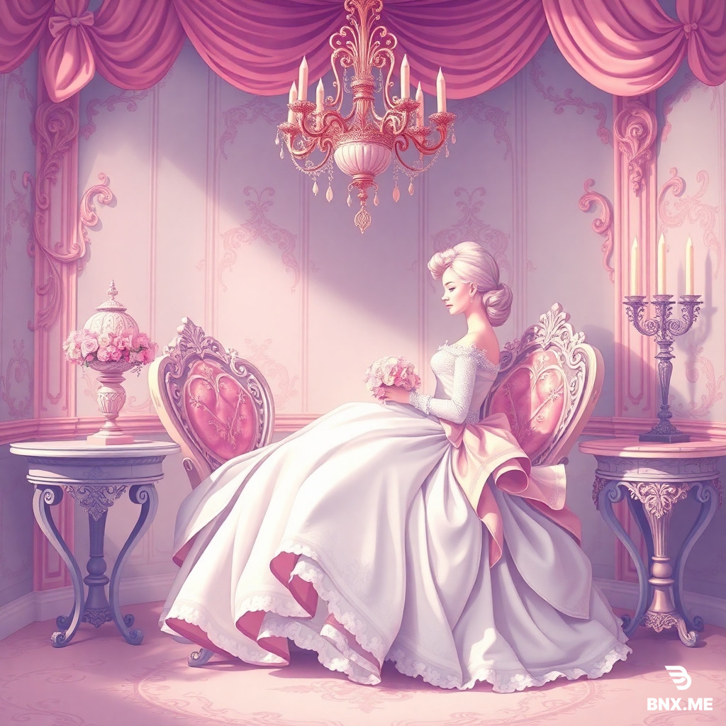 Rococo style illustration, pastel colors, elegant curves, ornate decorations, romantic atmosphere, soft lighting, luxurious and playful mood, inspired by Fragonard