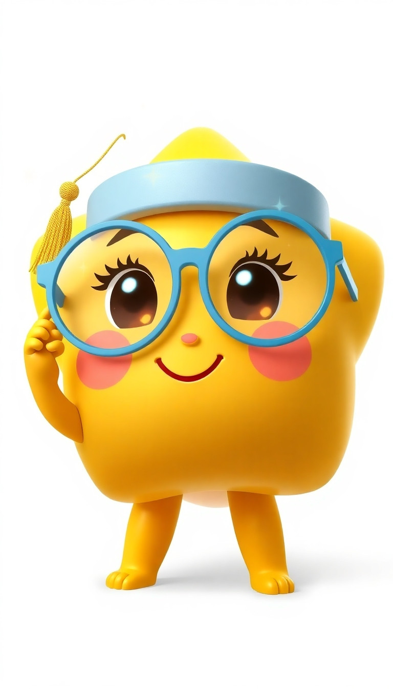"3D animated cute golden star character Lumi with oversized round baby-blue glasses slightly crooked on face, tiny tilted graduation cap with dangling gold tassel, big round brown eyes with long eyelashes and shiny catchlights, rosy pink cheeks, small heart-shaped smile, short chubby arms with rounded tiny fingers, stubby legs with tiny toes, close-up face, adjusting glasses proudly with tiny hand, magical sparkles floating around, proud smiling expression, Pixar/Illumination animation style, soft volumetric rim lighting, vibrant preschool colors, glossy textures, high detail, 8k resolution, bright cheerful expression, vertical 9:16, white background with soft drop shadow for PNG transparency."