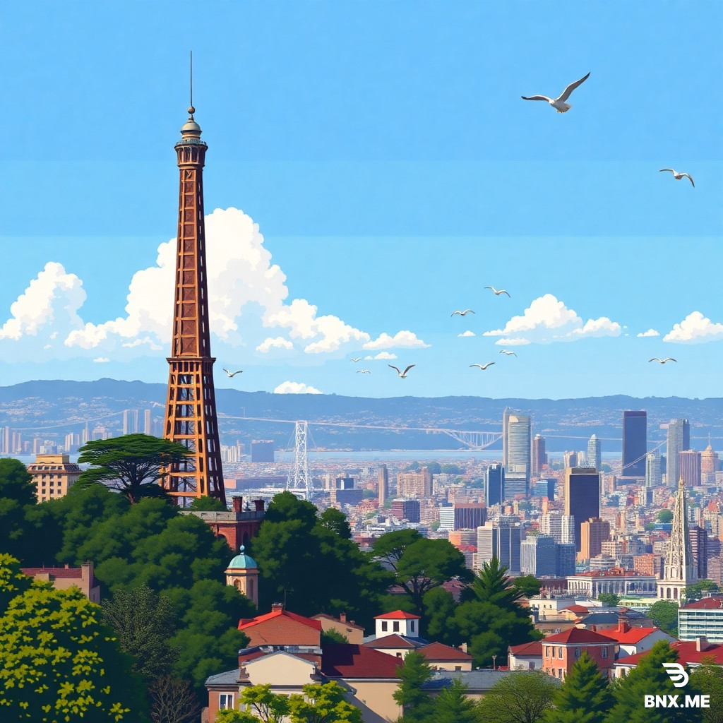 Pixel art scene of Coit Tower standing tall on Telegraph Hill, with a panoramic view of the city below and birds flying around.