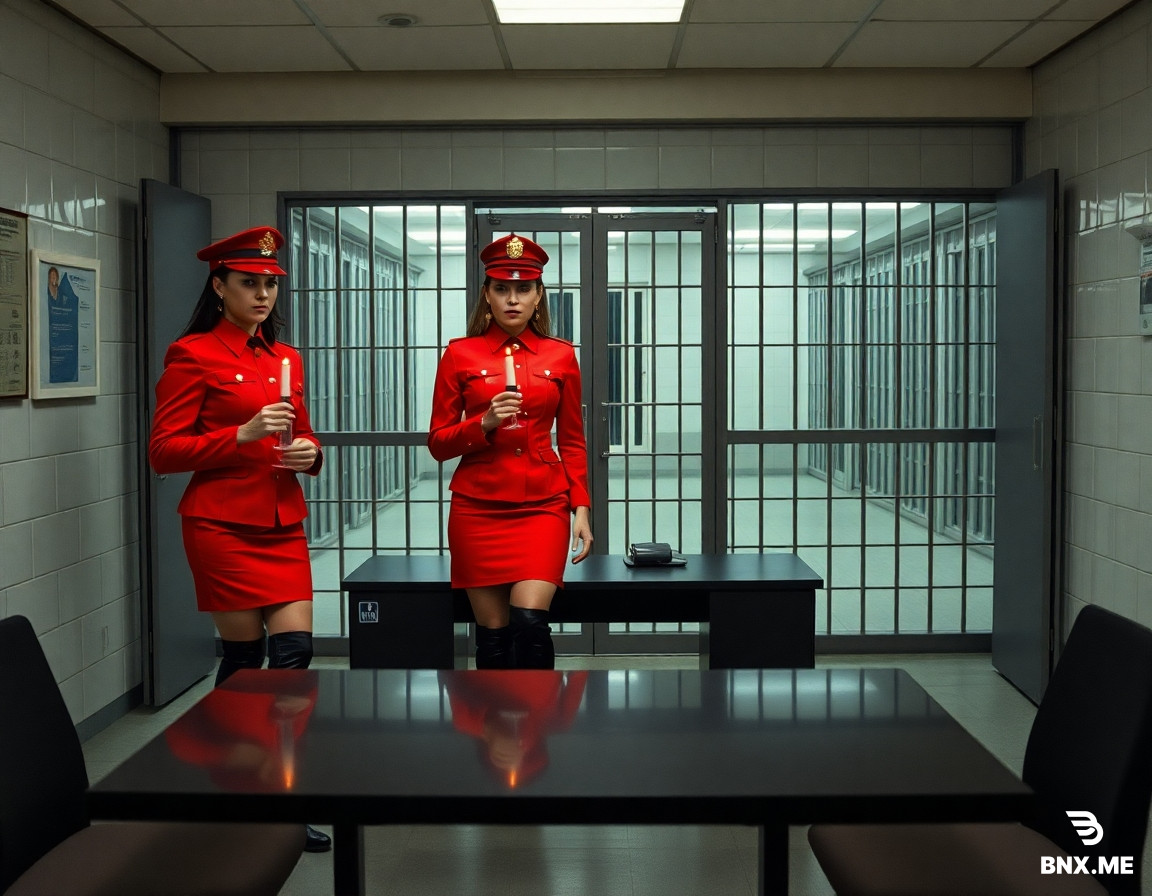 bild in hellen prison büro, In backround is a bared zelldoor. through the celldoor many bared cell are visible in the cellblock  A desk ist in the middle of the room. POV at  2 policewoman dresses in a highglossy red latexuniform and black overkneeboots stand at the desk with candcuiffs in hand  On the tabel ist a orange latexdress and black patent overkneeboots. in the backgroung in the cellbloch are many bared cell visible