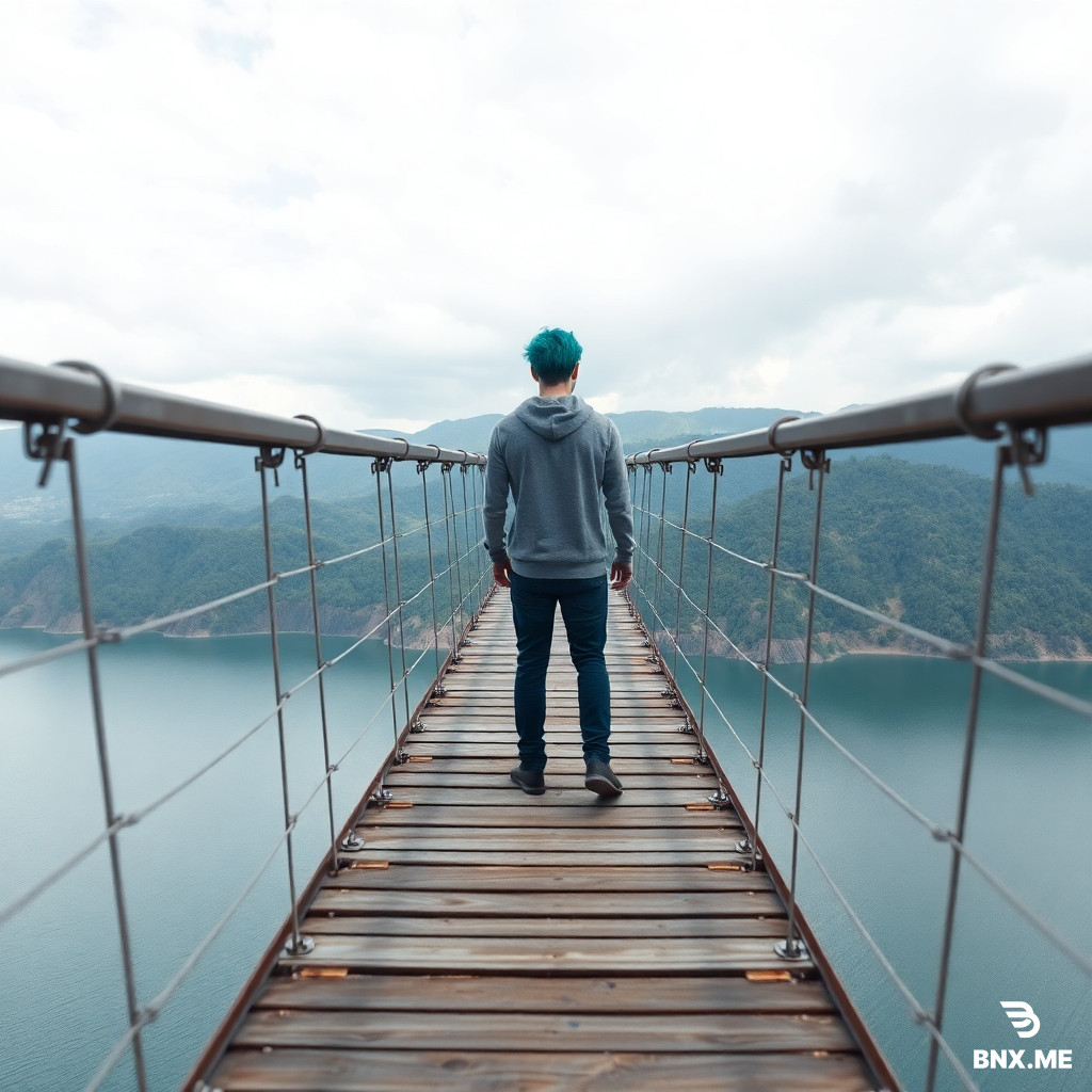 please help me to product a picture which a man stands on a brige .first  perspective ,long and green hair