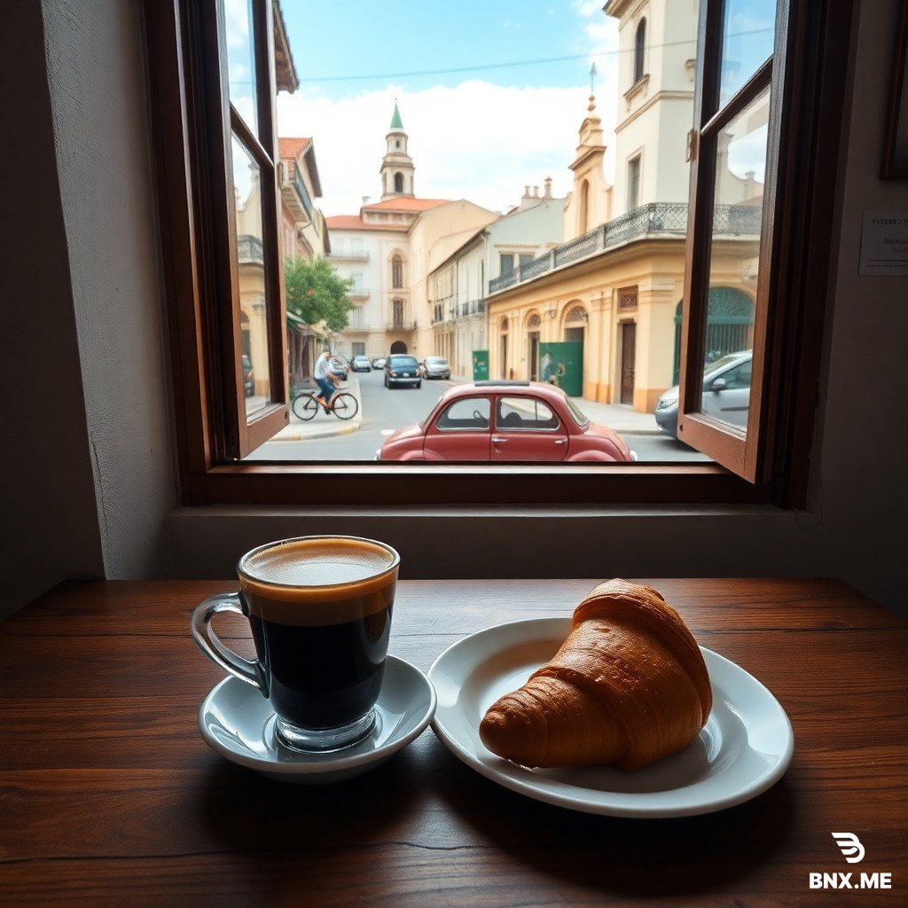Imagen horizontal en formato paisaje 16:9. En primer plano, sobre una mesa de madera gastada, se ve a la izquierda una taza de café cubano negro con espuma cremosa y un croissant francés partido sobre un plato pequeño. Al centro de la mesa hay una servilleta de tela blanca con lunares rojos y azules. Al fondo, a través de una ventana abierta, se aprecia una calle típica de La Habana con un coche clásico color pastel y una cúpula de iglesia colonial. En la pared interior, junto a la ventana, cuelgan una pequeña postal de la Torre Eiffel y un abanico cubano de colores vivos. La luz es cálida, de tarde caribeña, con sombras suaves. Estilo fotográfico realista con texturas visibles en el croissant, la espuma del café y la madera. Los colores predominantes son ocres, amarillos y marrones, con acentos en rojo, azul y blanco. La escena transmite fusión cotidiana y armónica entre lo francés y lo cubano. No hay personas. El enfoque es nítido en los objetos del primer plano y el fondo aparece ligeramente desenfocado con efecto bokeh.