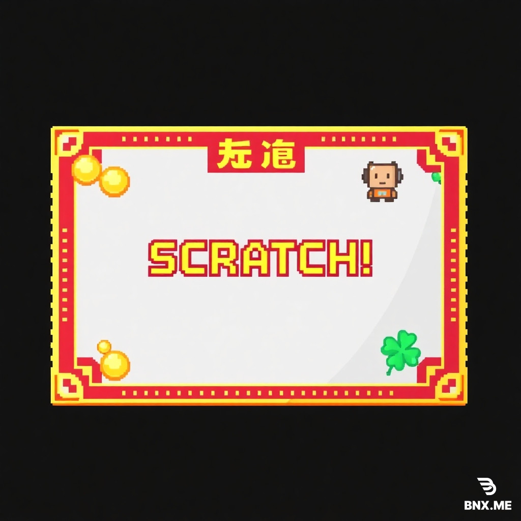 A pixel art scratch card lottery ticket design, titled "刮个爽". The card has a vivid red and gold border, with a central silver scratch-off area that has "SCRATCH!" written on it in retro pixel font. Surrounding the scratch area are pixel icons of gold coins, a tiny cute robot, and a four-leaf clover. The overall style mimics a 16-bit game asset, with a black isolated background. Crisp pixels, vibrant game palette, nostalgic, game UI element.