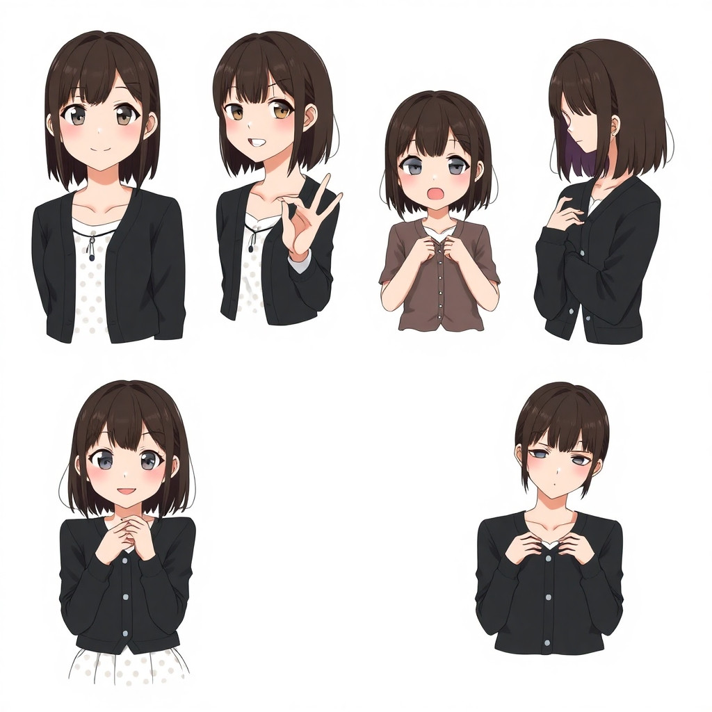 A character reference sheet for a 17-year-old Japanese high school girl named Aoi Tonegawa. Four different facial expressions and poses in a 2x2 grid, white background, full-body or half-body, semi-realistic Persona-style art.  Appearance: oval face, gentle but sharp gray Asian eyes, dark chocolate brown shoulder-length hair with bangs tucked behind ears. Wearing black cardigan, white knee-length polka dot skirt, black flat ballet shoes. Same height and build throughout.  Expressions: 1. Top left: Playful "dumb blonde" act – big exaggerated smile, one eye slightly squinted, hand waving, looking cheerful and unserious. 2. Top right: Surprise – eyes wide open, mouth slightly parted, eyebrows raised, hands near chest. 3. Bottom left: Anger / dark side – narrowed eyes, tight lips, furrowed brows, slightly lowered head, tense posture, shadow on half of face. 4. Bottom right: Neutral / calm – relaxed face, soft gaze, arms at sides.  All with soft studio lighting, pure white background, consistent character design. --ar 16:9   A character expression sheet for a 17-year-old Japanese girl named Shizuka Hasumi. Three poses in a row on white background, semi-realistic Persona style.  Appearance: sharp face, high cheekbones, thin lips, bright green Asian eyes, dark brown almost black bob with straight bangs and slight wave, dark blue sweatshirt, dark gray slim trousers, arms often crossed on chest.  Expressions: Left: Disappointment and shock – mouth slightly open, eyes wide but downcast, eyebrows asymmetrical (one raised, one lowered), head tilted slightly, hands hanging loose. Center: Anger / frustration – narrowed green eyes, pressed lips, furrowed brows, arms tightly crossed, leaning slightly forward, tense shoulders. Right: Deep thinking / solving a puzzle – eyes focused to the side, one finger touching chin, slight frown, relaxed but concentrated posture.  Consistent lighting, pure white background, same outfit and hairstyle. --ar 16:9  Full-body portrait of a 17-year-old Japanese girl, Hikari Nimura, aspiring journalist. Semi-realistic Persona style, white background, soft shadow.  Appearance: light blonde or ash-blonde hair, medium length (just below shoulders) with soft waves, not too complicated. Bright, friendly, open face, warm smile, symmetrical features, attractive but natural. Light makeup. Wearing smart-casual outfit: beige trench coat over a simple striped shirt, dark skinny jeans, white sneakers. Accessories: small shoulder bag and a notebook in hand (journalism hint). Posture: confident but not loud, one hand on hip, looking approachable.  Stylish but balanced – no neon colors, no excessive accessories. Typical Japanese face. --ar 9:16  Все на одном листе