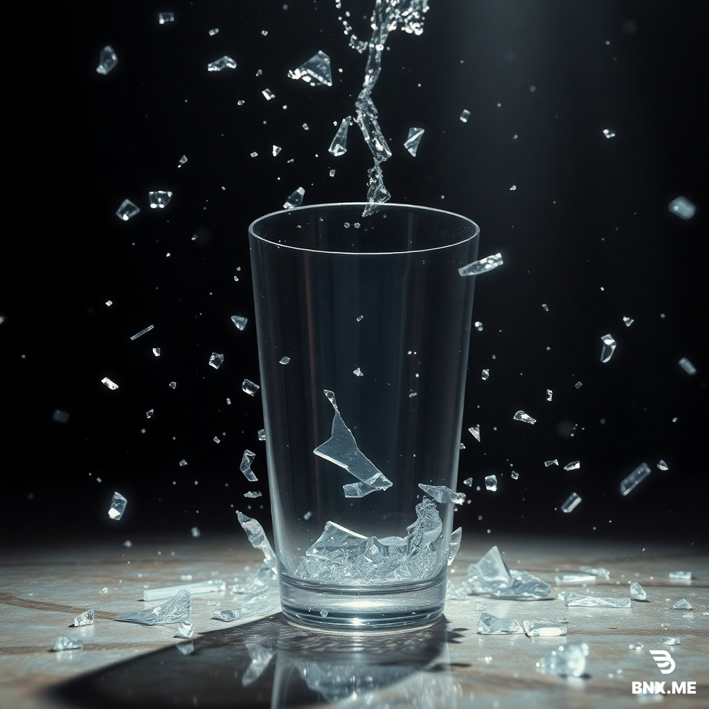 Slow motion shot of a glass cup falling and shattering on the floor, water splashing everywhere, reflection of a distressed person in the broken glass shards, dark room with a single beam of light, anime style, dramatic and chaotic energy.