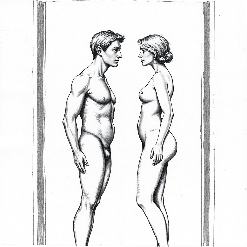 Dibujo en blanco y negro, estilo grabado renacentista con claroscuro.  Un marco de puerta visto de frente, estrecho. Dos personas desnudas están una frente a la otra, muy cerca, casi rozándose. Casi no hay espacio entre ellas.  La persona de la izquierda es un hombre con cuerpo perfecto, proporcionado, anatomía idealizada al estilo del Renacimiento alemán. Tiene el cabello largo. Mira directamente al frente, hacia la persona que mira el dibujo.  La persona de la derecha es una mujer con cuerpo también idealizado, cabello suelto. También mira directamente al frente.  No hay paisaje detrás. El fondo es oscuro, neutro. No hay árboles, ni animales, ni objetos.  El dibujo debe transmitir tensión, incomodidad, vulnerabilidad. La gente está quieta pero su presencia es incómoda.  Estilo: grabado antiguo, líneas precisas, sombreado suave, atmósfera seria.