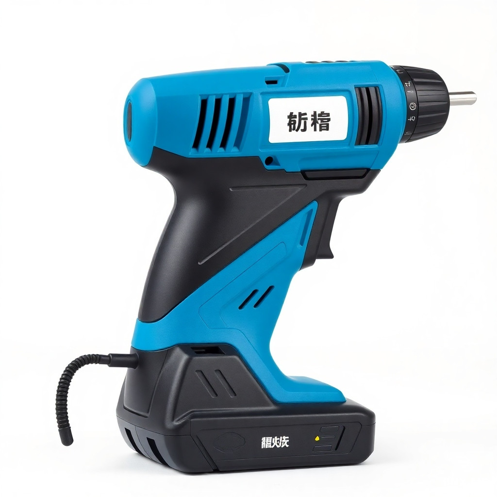 Professional product photography of a cordless electric screwdriver, blue and black color scheme, with a prominent sticker that reads "ЭЛЕКТРО" on the body, studio lighting, isolated on a clean white background, high detail, sharp focus, commercial catalog style, 8K resolution, no shadows