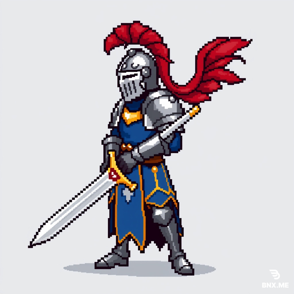 pixel art sprite of an arcane knight, steel helmet with visor and red  plume, metal pauldrons, blue tunic with gold trim, long sword with  golden hilt, standing idle, 64x64 pixels, transparent background,  side view facing right, feet on bottom edge, medieval fantasy style,  16-color palette, clean pixel art