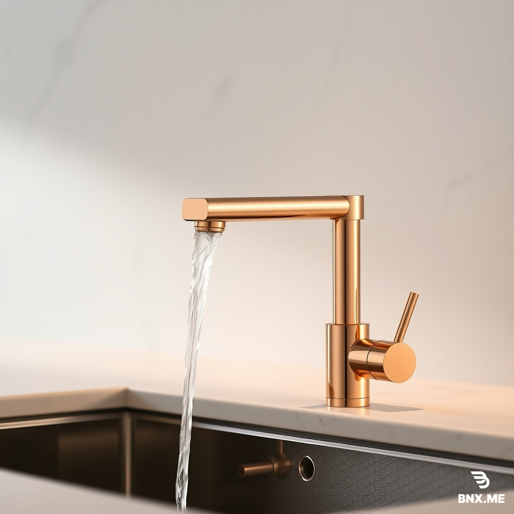 Rose gold piano key kitchen faucet, luxury design, waterfall flow, quartz countertop background, soft warm lighting, minimalist style, no text, elegant kitchen fixture, high-end product photography --ar 16:9